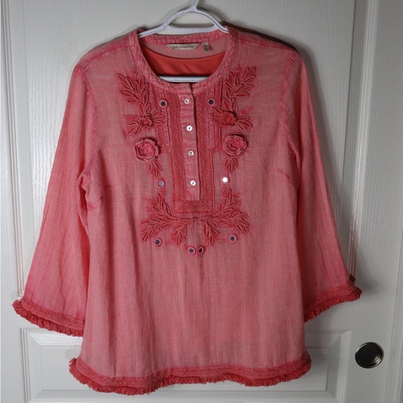 Soft Surroundings Tops - Soft Surroundings Coral Pink Embroidered Boho Tunic Top Mirror Fringe Small